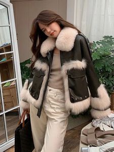 Womens Down Parkas 2024 Winter Faux Fur Leather Jacket Streetwear Lamb Sheepskin Patchwork Coatloose Warm Motorcycle Biker Parka 231018