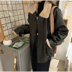 Womens Jackets Leather Thicken Jacket Women Fluffy Turndown Collar Long Sleeve Female Coat Autumn Winter Street Loose Moto Biker Outwear 231018