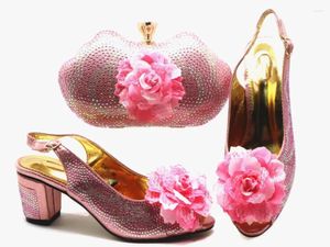 Dress Shoes Top Sale Pink Women Pumps Match Handbag Set With Rhinestone And Flower Style African Bag For Party X48