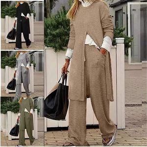 Frauen Trainingsanzüge Zwei Stück Set Frauen Outfit 2023 Herbst Solide Rundhals Langarm Schlitz Casual Hose Sets Für 2 stück Kleidung 231018