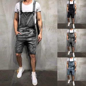 Oversize homens rasgados jeans macacões calças curtas verão estilo rua angustiado denim bib macacão suspender calças curtas2765