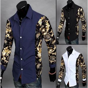 Fashion-Men Part Print Floral Pattern Design Turn Down Collar Long Sleeve Patchwork Men Dress Shirt 232G