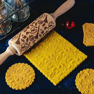 Rullande stift bakverkskivor Halloween Rolling Pin Trä Roller Pumpkin Ghost Spider Web Cat Mönster Biscuit Mold Cookie Stamp Fondant Cake Decoration Tool 231018