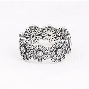 Klaster Pierścienie Autentyczny 925 Sterling Srebrny Błyszczący Daisy Flower Buquet Fashion Pierścień dla kobiet Prezent DIY Jewelry