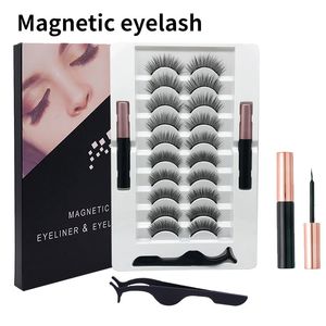 False Eyelashes 10Pairs Magnetic Eyelashes False Lashes Repeated Use Eyelashes Waterproof Liquid Eyeliner with Tweezer Makeup Set Fake Lashes 231018