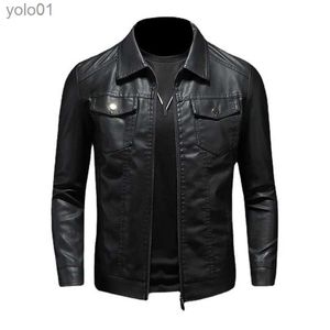 Men's Leather Faux Leather Autumn Winter New Mens Leather Jackets Black PU Coat Fashion Slim Fit Turn Down Collar lti Pocket Zipper Faux Leather JacketL231018