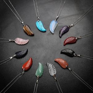 Aura healing crystal quartz gemstone jewelry necklaces angel wings carved stone pendant necklace unisex269v