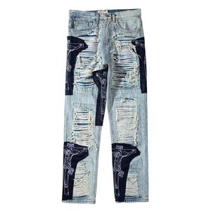 High Street Oversize Baggy Jean Hole Fringe Embroidery Pants Mens Color Block Tassel Ripped Retri Denim Trousers2943