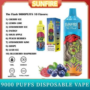 Wholesale Sunfire Puff 9000 Disposable Vape Desechable 600mAh Rechargeable Battery 18ML Vapes Disposable 8K 9k 10k 12k Puff with RGB Vaper Peach Berries Flavor