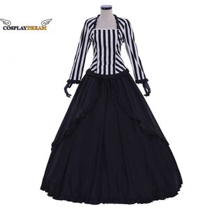 Cosplay Cosplay Women Victorian Edwardian Dress Historical Victorian Bustle Gown Medieval Dress Suit Civil War Women Stripe Top Black Skirt SuitCosplay