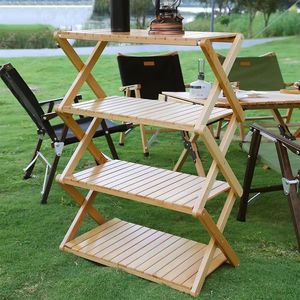 Camp Furniture Outdoor Portable Storage Rack Camping Picnic Tableware Table Bamboo Folding Multi-Layer Display Rack 231018