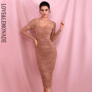 Nude Square Collar Elastic Mesh Slim Long Sleeve Over-The-Knee Party Dress With Lining LM81941-1 210602242x