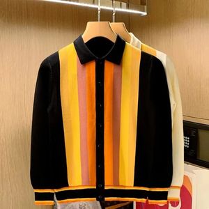 Men's Sweaters British Style Men Knitted Cardigan Vertical Stripe Long Sleeved Button Tops Spring Autumn Brand Slim Lapel Thin Sweater 231018