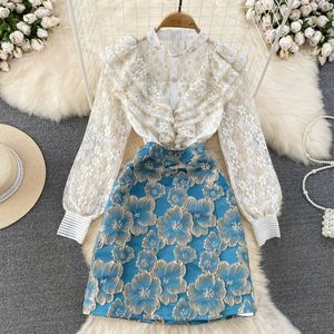 Spring and Autumn Seasons Small Fragrant Style Celebrity Temperament Standing Neck Lace Ruffle Edge Spliced Waist Slim A-line Jacquard Dress