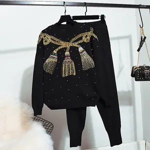 Women's Two Piece Pants Korean Fashion Black Beading Knit Tracksuits Set Women Loose Casual Long Sleeve Sweater Pencil Outfits Female