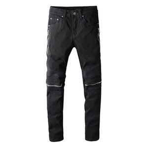 Nyaste herrkedjan Distressed Black Jeans Fashion Designer Slim Fit Washed Motocycle Denim Pants Paneled Hip Hop Biker Byxor P2846