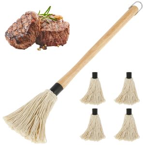 BBQ Tools Accessories Grill Basting Mop Wooden Handle Barbecue Brushes Portable Reusable Sauce Smoking Steak Grilling Accessory 231018