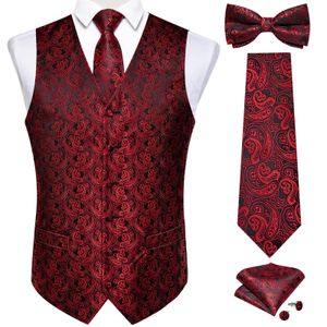 Men's Vests Causal Men Black Red V-neck Vest for Business Sleeveless Paisley Wedding Man's Waistcoat Silk Tie Bowtie Pocket Square Cufflink 231017