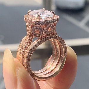 2020 Ny ankomst Fantastisk lyxsmycken 925 Sterling Silverrose Gold Full Cushion Shape White Topaz Cz Diamond 3st Women Weddin270o