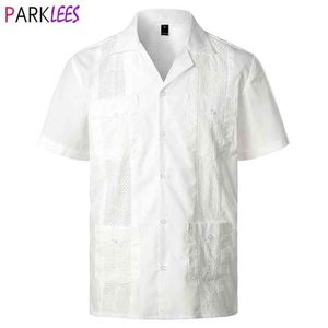 White Cuban Camp Guayabera Shirt Men Stylish Embroidered Woven Button-Down Shirts Mens Mexican Caribbean Style Beach Shirts 2XL 21293e
