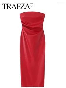 Casual klänningar trafza sommar för kvinnor sexig faux läder röd lång klänning kvinna från axel bodycon korsett midi parti backless