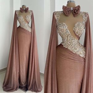 High Neck Evening Dresses Sexig fullärmad golvlängd Sequined Lace Prom Party Gowns Robe