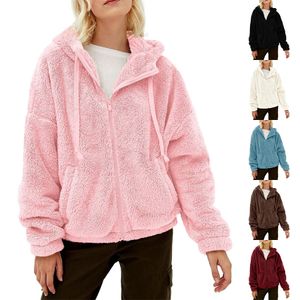 Comfortable and Stylish European and American-Style Hooded Loose Zipper Plush Pocket Sweatshirt for Fall and Winter