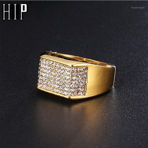 Hip hop cor dourada de aço inoxidável micro pave strass gelado anéis quadrados brilhantes para homens joias drop1307i