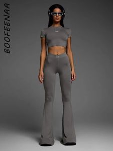 Trainingsanzüge für Damen BOOFEENAA Basic Casual 2-teiliges Set Outfits Top und Leggings Graue Schlaghose Passende Fitness Y2k-Kleidung C56 BI30 231018