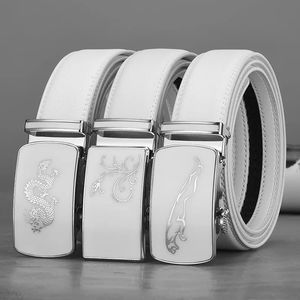 Bälten White Automatic Buckle Cowhide Belt Chic Casual Commercial Luxury Design Dubbelsidig äkta lädermidja för män 231017