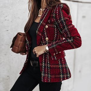 Costumes pour femmes Blazers printemps-automne veste Plaid Blazer femmes à manches longues Double boutonnage hauts mince Tweed manteau bureau dame manteau femme vêtements 231018