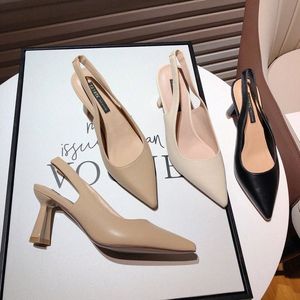 French Pointed Black Beige Naked Dress Shoes Womens High Heel Straight Line Strap Thick Heels Toe Wrap And Hollow Back Sandal Woman Fasgyyy# 54866 s