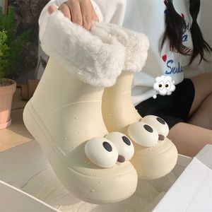 Designer Creative fun cute big eyes plush warm black grey pink snow boots women's fashion outdoor waterproof hose boots size 36-41