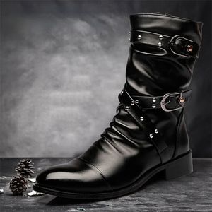 Stivali da uomo in pelle con rivetto alto, qualità, moto, nero, punk rock, scarpe da uomo, uomo alto, metà polpaccio, taglia 3745 231018