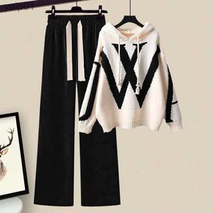 Women's Sweaters Large Women's Winter Set Women's 2023 New Fleece Covering Sweater Wrapped Waist Slim Wide Leg Pants Two Piece SetL231018