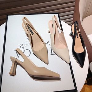 Nero beige nudo francese scarpe eleganti a punta scarpe da donna tacco alto linea retta cinturino tacchi spessi punta avvolgente e sandalo posteriore cavo donna
