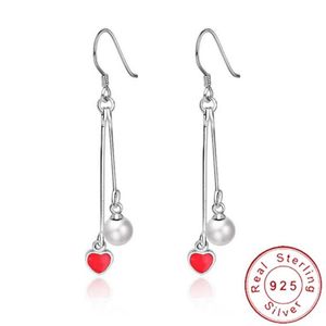 REAL 925 Sterling Silver Tiny Heart Earrings Hanging Chain Minimal Red Danging Earing Brincos Perola Pendientes SE058 Hoop Huggi208d