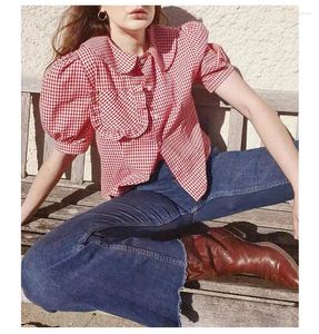 Women's Blouses Vintage Red Plaid Shirt Women Sweet Bubble Baby Collar Wood Ear Pocket Kawaii Summer Blouse Tops Button Up