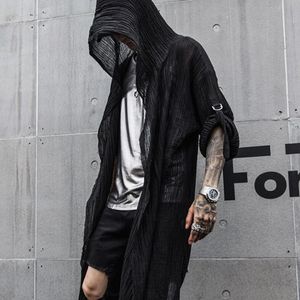Men's T-Shirts Hip Hop Long Shirt Black Hooded Cloak Cardigan Men Linen Oversize Blouse Gothic Vintage Streetwear