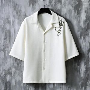 Мужские повседневные рубашки 2023, рубашка с вышитыми лацканами в виде листьев бамбука, топ, однотонная корейская модная куртка, однобортная куртка на пуговицах