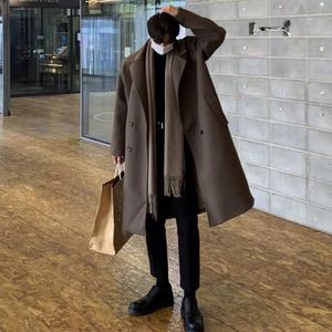 Мужское полушерстяное зимнее толстое шерстяное пальто, мужское теплое модное повседневное длинное корейское свободное утепленное пальто, мужское пальто большого размера 231018