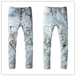 Plus Size W40 Jeans da uomo di marca famosa 2022SS Lavato Leopard Patch Designer Gamba sottile Jean Slim Denim elasticizzato leggero Skinny Bl324k