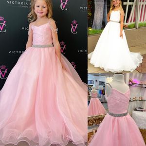 Pink Girl Pageant Dress 2024 Crystal Straps Pleated Organza Little Kid Birthday Formal Cocktail Party Gown Spädbarn Toddler Teens Preteen Tiny Young Junior Miss Child