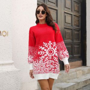 2023 inverno feio camisola de natal feminino vestido de camisola de natal floco de neve padrão gola redonda derrubando ombro lâmpada mangas vermelho preto