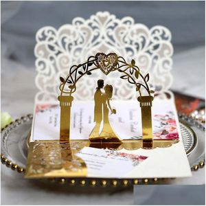 Greeting Cards Greeting Cards 25/50Pcs European Laser Cut Wedding Invitations 3D Tri-Fold Bride And Groom Lace Party Favor S Dhgarden Dhr9J