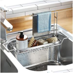 Storage Holders Racks Telescopic Sink Shelf Stainless Steel Rack Adjustable Drain Soap Sponge Rag Holder Kitchen Organizer Drop De Dhxyo