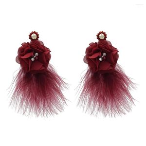 Baumelnde Ohrringe im koreanischen Stil, rot, blau, schwarz, Feder für Frauen, Brautgarn, Blumen-Tropfenohrring, handgefertigt, Sommer-Strand-Schmuck, Party-Geschenk