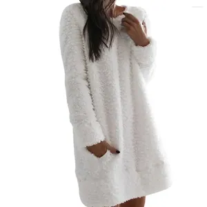 Casual Dresses Simple Fashion Fluffy Plush Women Dress 2023 Autumn Winter Comfortable Hairy Warm Vestidos White Pink Black