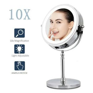 コンパクトミラー7インチ360°回転二重サイドCOSMETICMIRROR 10X拡大LED照明メイクアップバニティミラー231018