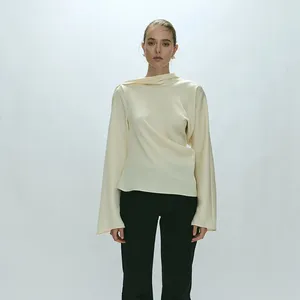 女性用ブラウススカーフカラーシャツ2023秋/冬のシンプルなカジュアルシングルサイドドレープロングリボントップ